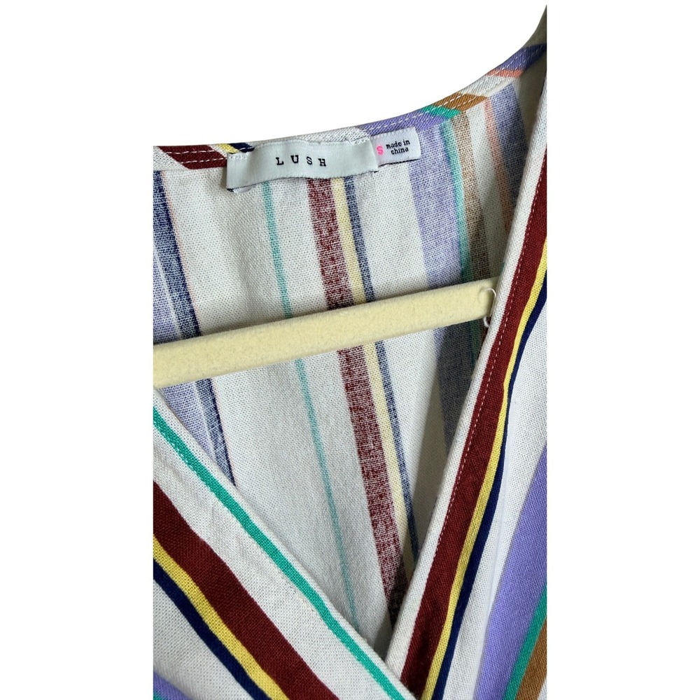 Lush Striped Wrap Dress Multi-Color Linen Blend V-Neck Tie Waist Small - Picture 3 of 7